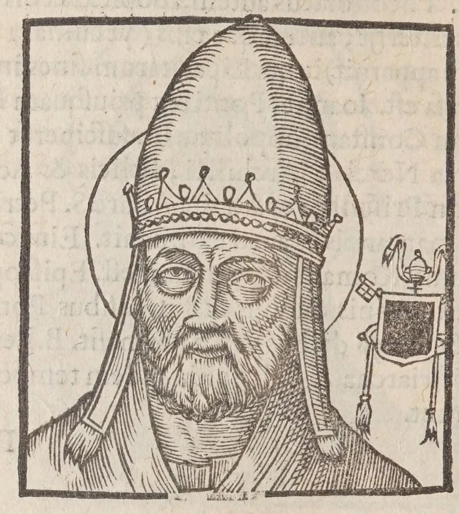 An illustration from Vitae romanorvm pontificvm a D. Petro vsqve ad Clementem VIII : ex Platinae historia in epitomen redactae, ac iuxta Onuphrij Paniunij eremitae augustiniani censionem ordinatae : his praeter alia accesserunt eorundem pontificum imagines ad viuum expressae, labore & industria Ioannis a Glano leodicensis incisae, 1597, leaf 160