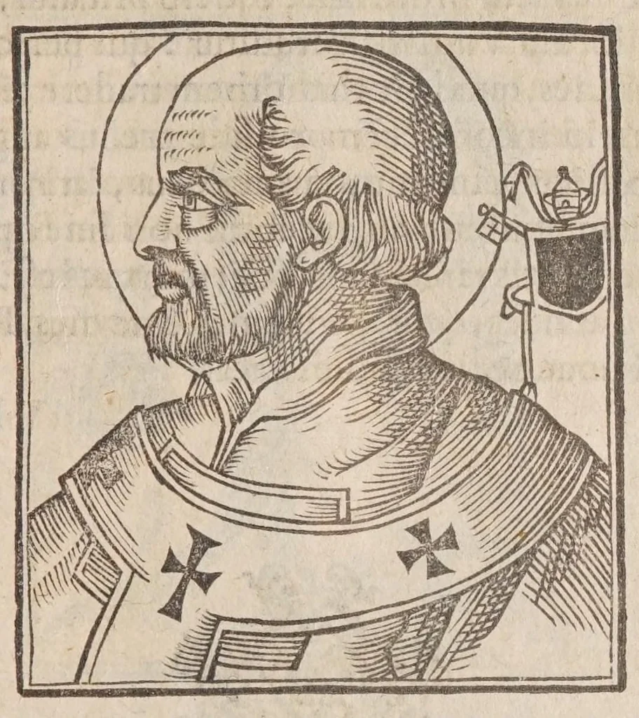 An illustration from Vitae romanorvm pontificvm a D. Petro vsqve ad Clementem VIII : ex Platinae historia in epitomen redactae, ac iuxta Onuphrij Paniunij eremitae augustiniani censionem ordinatae : his praeter alia accesserunt eorundem pontificum imagines ad viuum expressae, labore & industria Ioannis a Glano leodicensis incisae, 1597, leaf 167