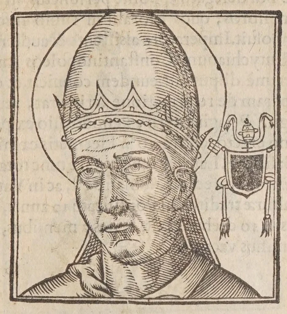 An illustration from Vitae romanorvm pontificvm a D. Petro vsqve ad Clementem VIII : ex Platinae historia in epitomen redactae, ac iuxta Onuphrij Paniunij eremitae augustiniani censionem ordinatae : his praeter alia accesserunt eorundem pontificum imagines ad viuum expressae, labore & industria Ioannis a Glano leodicensis incisae, 1597, leaf 177