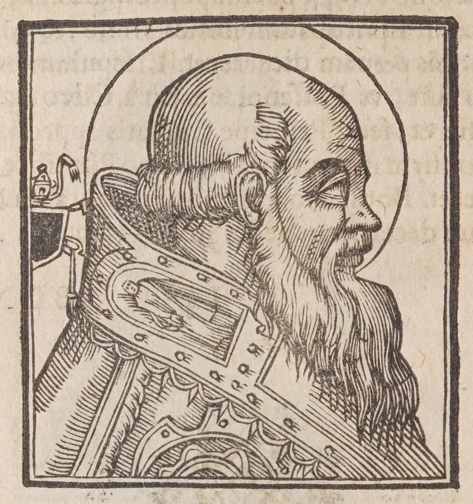 An illustration from Vitae romanorvm pontificvm a D. Petro vsqve ad Clementem VIII : ex Platinae historia in epitomen redactae, ac iuxta Onuphrij Paniunij eremitae augustiniani censionem ordinatae : his praeter alia accesserunt eorundem pontificum imagines ad viuum expressae, labore & industria Ioannis a Glano leodicensis incisae, 1597, leaf 184