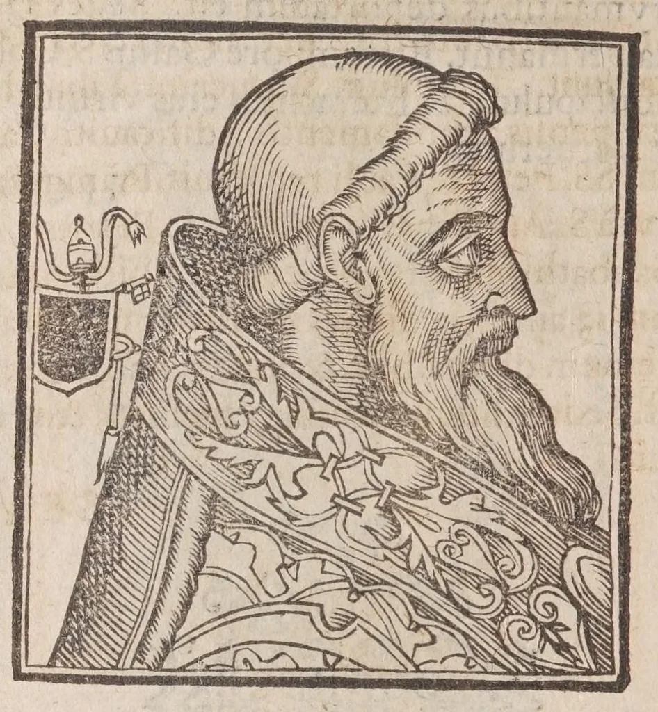 An illustration from Vitae romanorvm pontificvm a D. Petro vsqve ad Clementem VIII : ex Platinae historia in epitomen redactae, ac iuxta Onuphrij Paniunij eremitae augustiniani censionem ordinatae : his praeter alia accesserunt eorundem pontificum imagines ad viuum expressae, labore & industria Ioannis a Glano leodicensis incisae, 1597, leaf 192