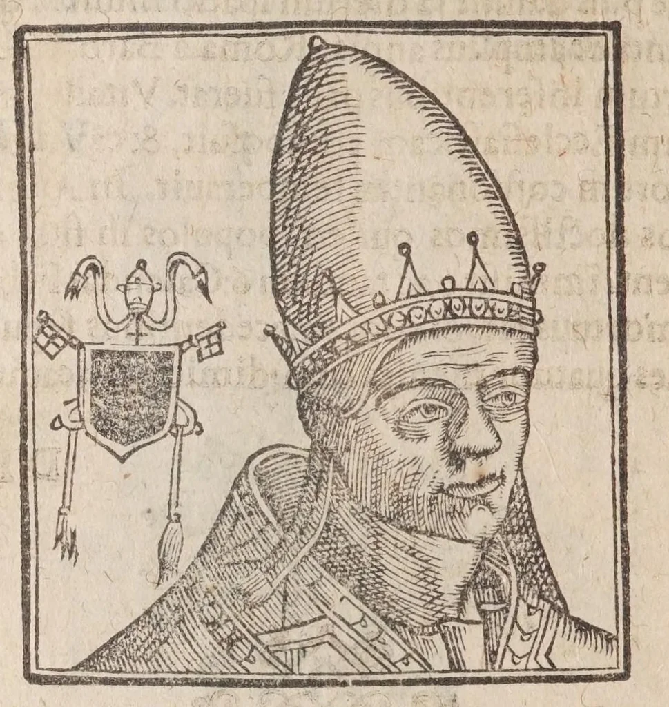 An illustration from Vitae romanorvm pontificvm a D. Petro vsqve ad Clementem VIII : ex Platinae historia in epitomen redactae, ac iuxta Onuphrij Paniunij eremitae augustiniani censionem ordinatae : his praeter alia accesserunt eorundem pontificum imagines ad viuum expressae, labore & industria Ioannis a Glano leodicensis incisae, 1597, leaf 204
