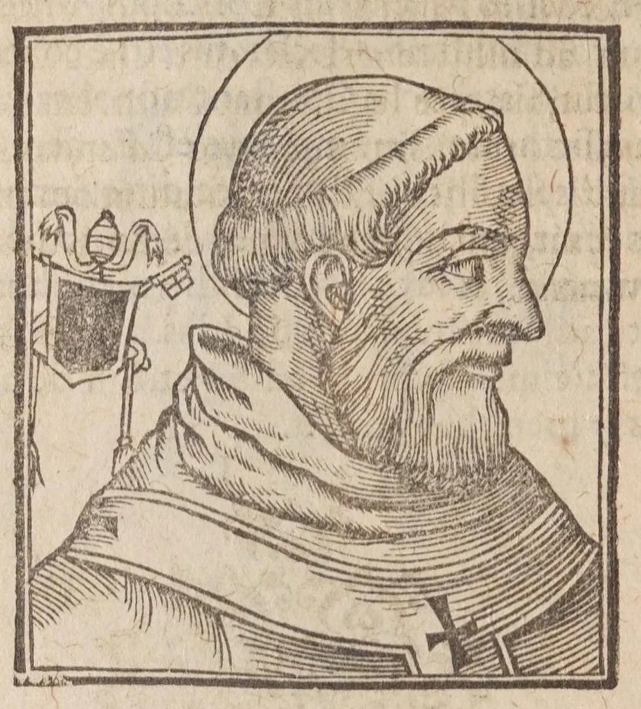 An illustration from Vitae romanorvm pontificvm a D. Petro vsqve ad Clementem VIII : ex Platinae historia in epitomen redactae, ac iuxta Onuphrij Paniunij eremitae augustiniani censionem ordinatae : his praeter alia accesserunt eorundem pontificum imagines ad viuum expressae, labore & industria Ioannis a Glano leodicensis incisae, 1597, leaf 212