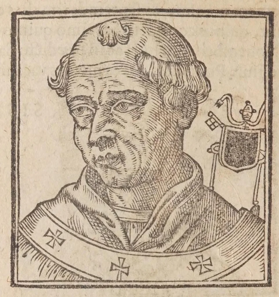 An illustration from Vitae romanorvm pontificvm a D. Petro vsqve ad Clementem VIII : ex Platinae historia in epitomen redactae, ac iuxta Onuphrij Paniunij eremitae augustiniani censionem ordinatae : his praeter alia accesserunt eorundem pontificum imagines ad viuum expressae, labore & industria Ioannis a Glano leodicensis incisae, 1597, leaf 226
