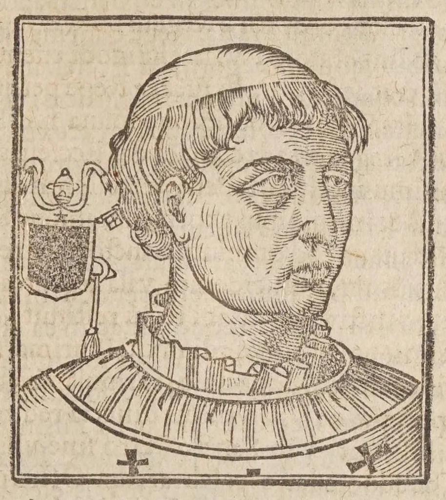 An illustration from Vitae romanorvm pontificvm a D. Petro vsqve ad Clementem VIII : ex Platinae historia in epitomen redactae, ac iuxta Onuphrij Paniunij eremitae augustiniani censionem ordinatae : his praeter alia accesserunt eorundem pontificum imagines ad viuum expressae, labore & industria Ioannis a Glano leodicensis incisae, 1597, leaf 233