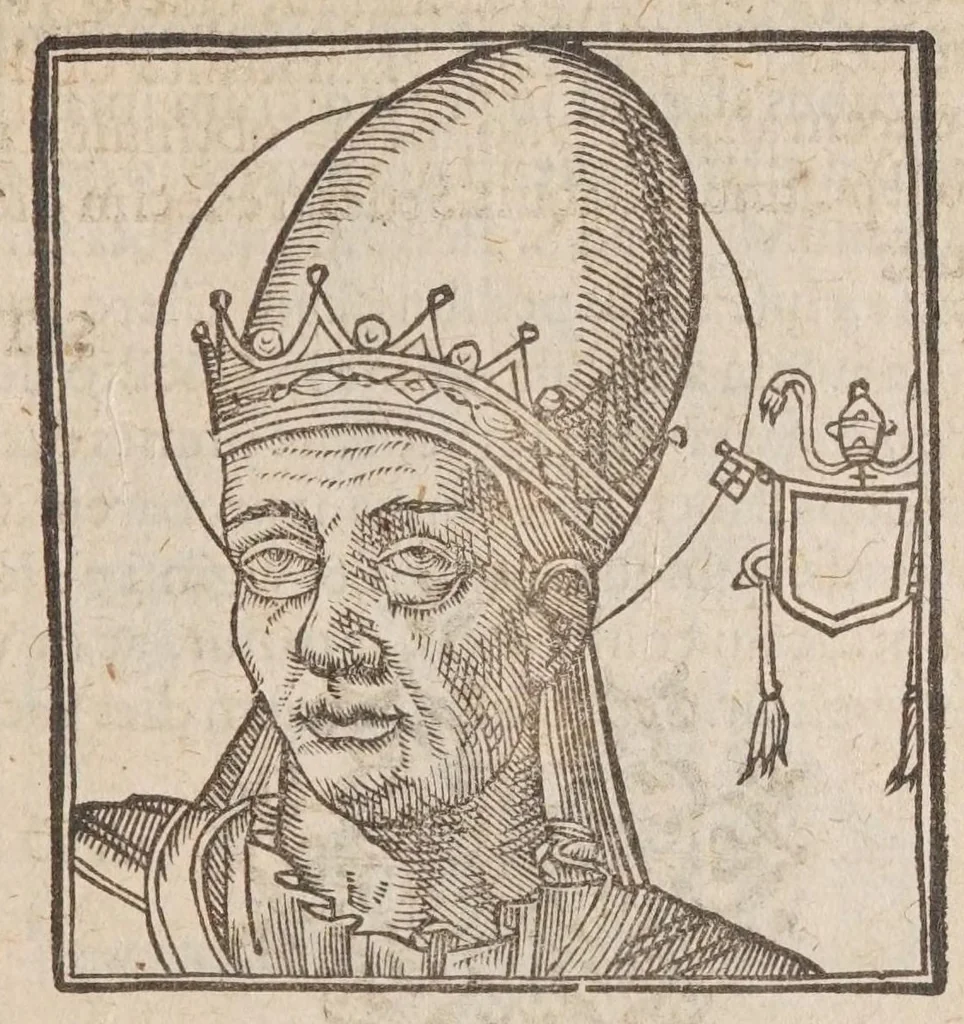 An illustration from Vitae romanorvm pontificvm a D. Petro vsqve ad Clementem VIII : ex Platinae historia in epitomen redactae, ac iuxta Onuphrij Paniunij eremitae augustiniani censionem ordinatae : his praeter alia accesserunt eorundem pontificum imagines ad viuum expressae, labore & industria Ioannis a Glano leodicensis incisae, 1597, leaf 239
