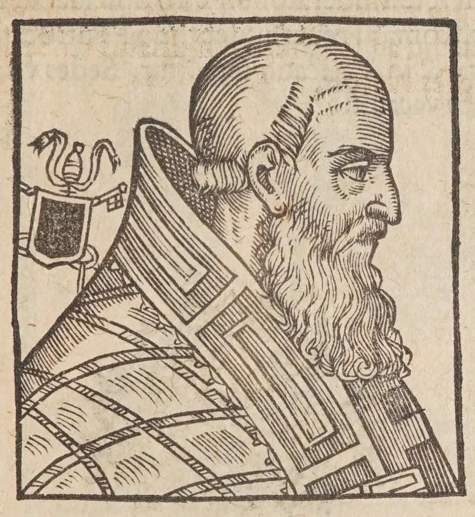 An illustration from Vitae romanorvm pontificvm a D. Petro vsqve ad Clementem VIII : ex Platinae historia in epitomen redactae, ac iuxta Onuphrij Paniunij eremitae augustiniani censionem ordinatae : his praeter alia accesserunt eorundem pontificum imagines ad viuum expressae, labore & industria Ioannis a Glano leodicensis incisae, 1597, leaf 247