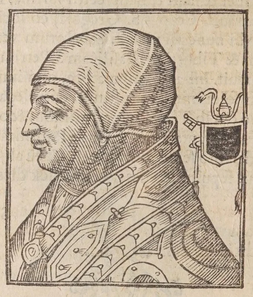 An illustration from Vitae romanorvm pontificvm a D. Petro vsqve ad Clementem VIII : ex Platinae historia in epitomen redactae, ac iuxta Onuphrij Paniunij eremitae augustiniani censionem ordinatae : his praeter alia accesserunt eorundem pontificum imagines ad viuum expressae, labore & industria Ioannis a Glano leodicensis incisae, 1597, leaf 256