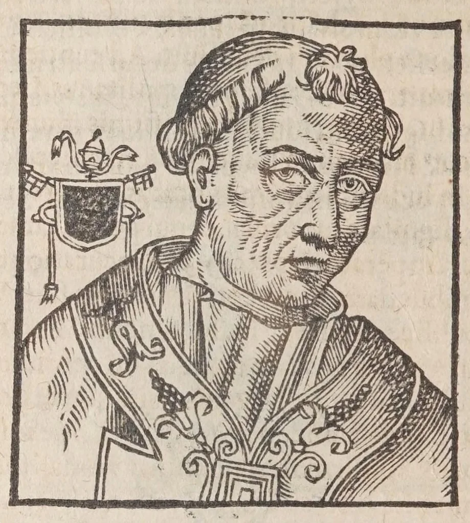 An illustration from Vitae romanorvm pontificvm a D. Petro vsqve ad Clementem VIII : ex Platinae historia in epitomen redactae, ac iuxta Onuphrij Paniunij eremitae augustiniani censionem ordinatae : his praeter alia accesserunt eorundem pontificum imagines ad viuum expressae, labore & industria Ioannis a Glano leodicensis incisae, 1597, leaf 264