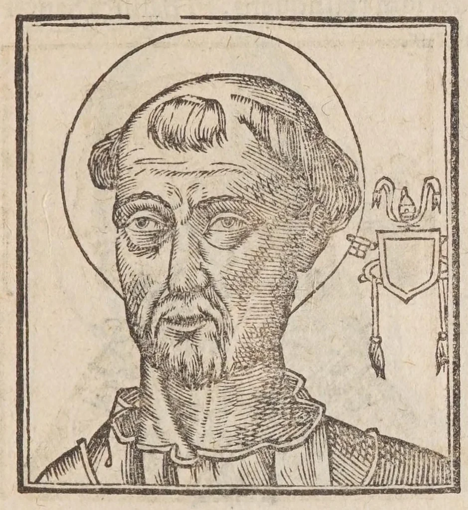 An illustration from Vitae romanorvm pontificvm a D. Petro vsqve ad Clementem VIII : ex Platinae historia in epitomen redactae, ac iuxta Onuphrij Paniunij eremitae augustiniani censionem ordinatae : his praeter alia accesserunt eorundem pontificum imagines ad viuum expressae, labore & industria Ioannis a Glano leodicensis incisae, 1597, leaf 271