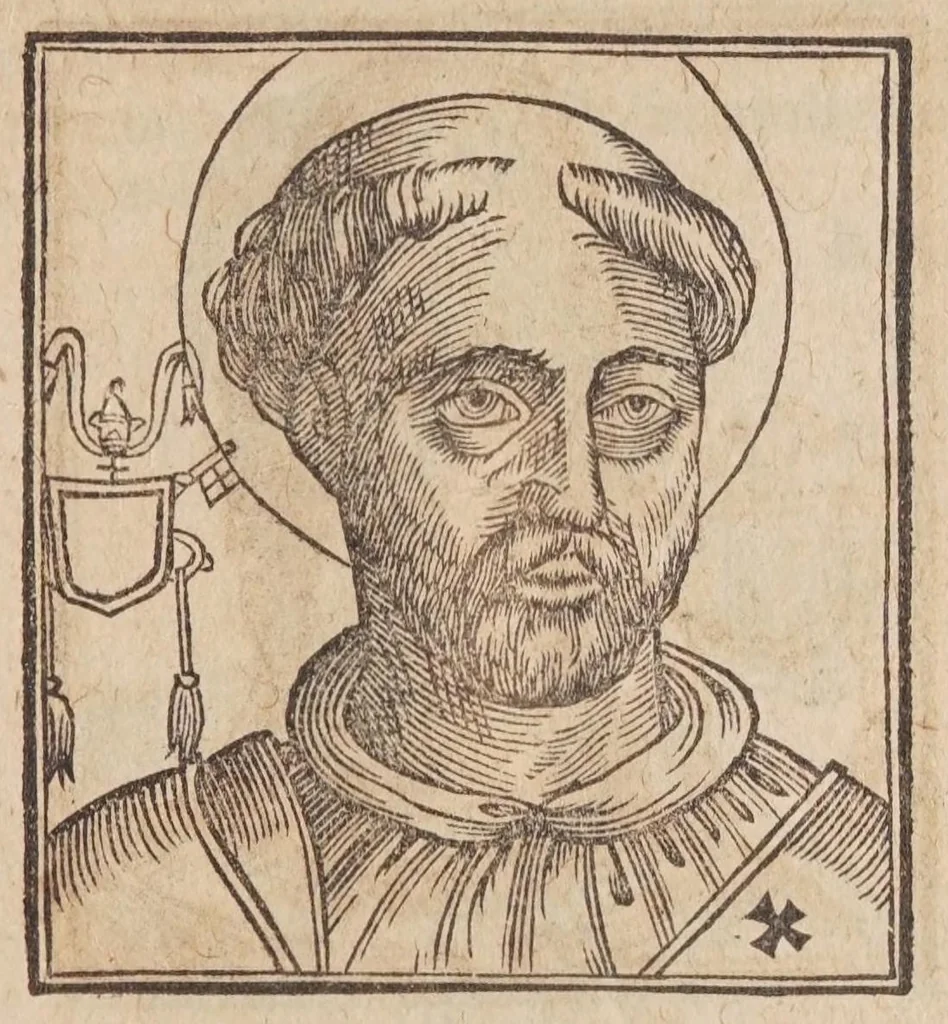 An illustration from Vitae romanorvm pontificvm a D. Petro vsqve ad Clementem VIII : ex Platinae historia in epitomen redactae, ac iuxta Onuphrij Paniunij eremitae augustiniani censionem ordinatae : his praeter alia accesserunt eorundem pontificum imagines ad viuum expressae, labore & industria Ioannis a Glano leodicensis incisae, 1597, leaf 281
