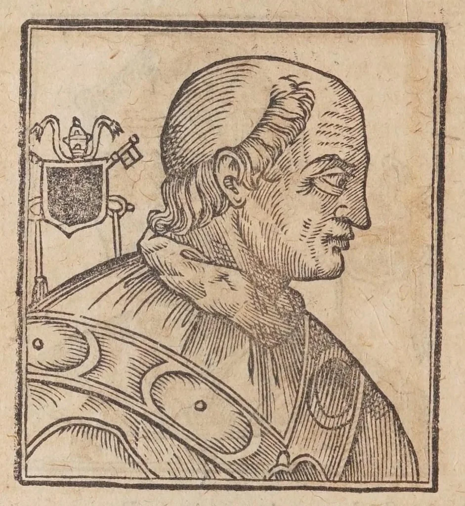An illustration from Vitae romanorvm pontificvm a D. Petro vsqve ad Clementem VIII : ex Platinae historia in epitomen redactae, ac iuxta Onuphrij Paniunij eremitae augustiniani censionem ordinatae : his praeter alia accesserunt eorundem pontificum imagines ad viuum expressae, labore & industria Ioannis a Glano leodicensis incisae, 1597, leaf 290