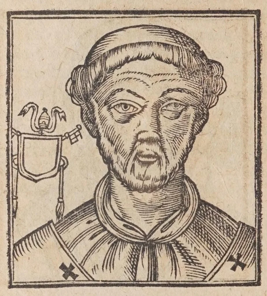 An illustration from Vitae romanorvm pontificvm a D. Petro vsqve ad Clementem VIII : ex Platinae historia in epitomen redactae, ac iuxta Onuphrij Paniunij eremitae augustiniani censionem ordinatae : his praeter alia accesserunt eorundem pontificum imagines ad viuum expressae, labore & industria Ioannis a Glano leodicensis incisae, 1597, leaf 294