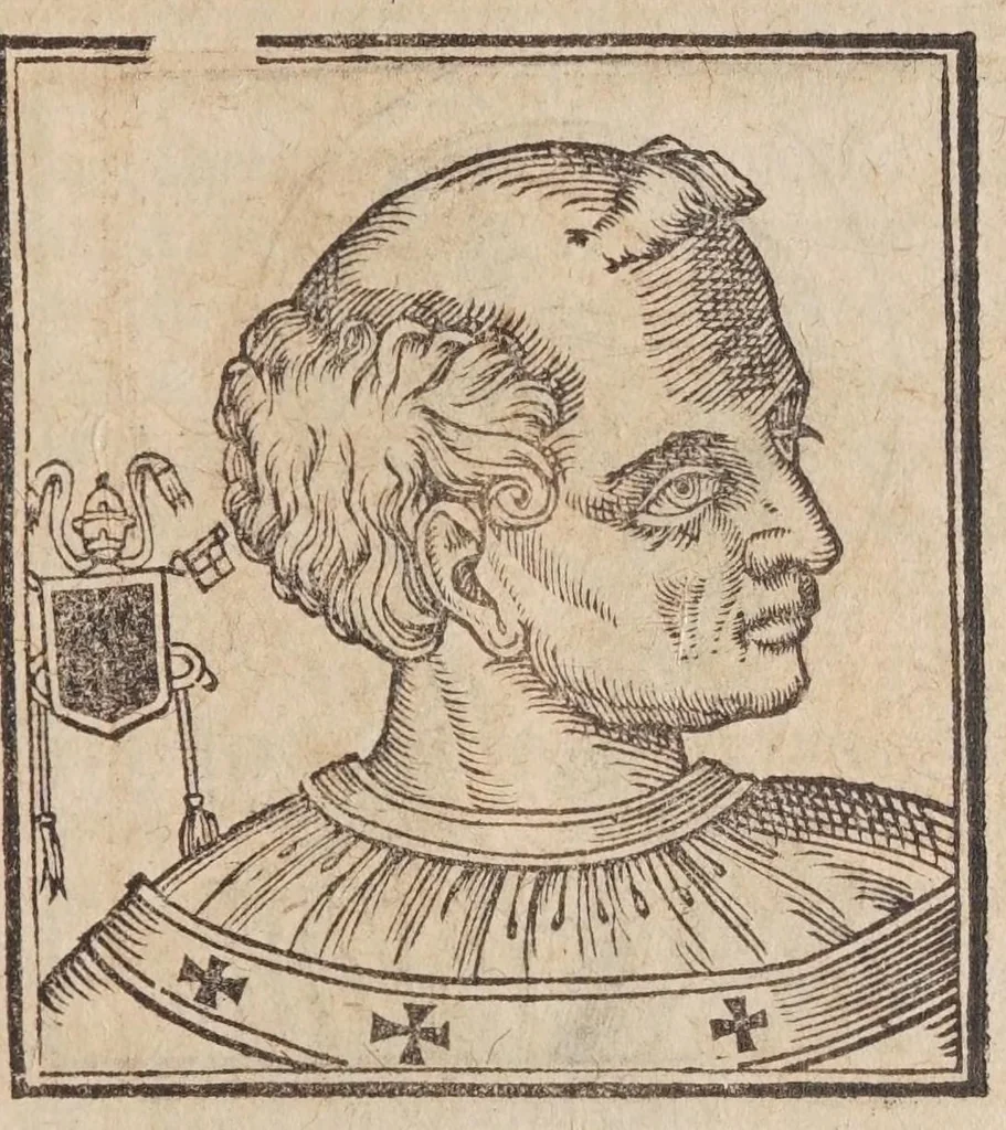An illustration from Vitae romanorvm pontificvm a D. Petro vsqve ad Clementem VIII : ex Platinae historia in epitomen redactae, ac iuxta Onuphrij Paniunij eremitae augustiniani censionem ordinatae : his praeter alia accesserunt eorundem pontificum imagines ad viuum expressae, labore & industria Ioannis a Glano leodicensis incisae, 1597, leaf 299