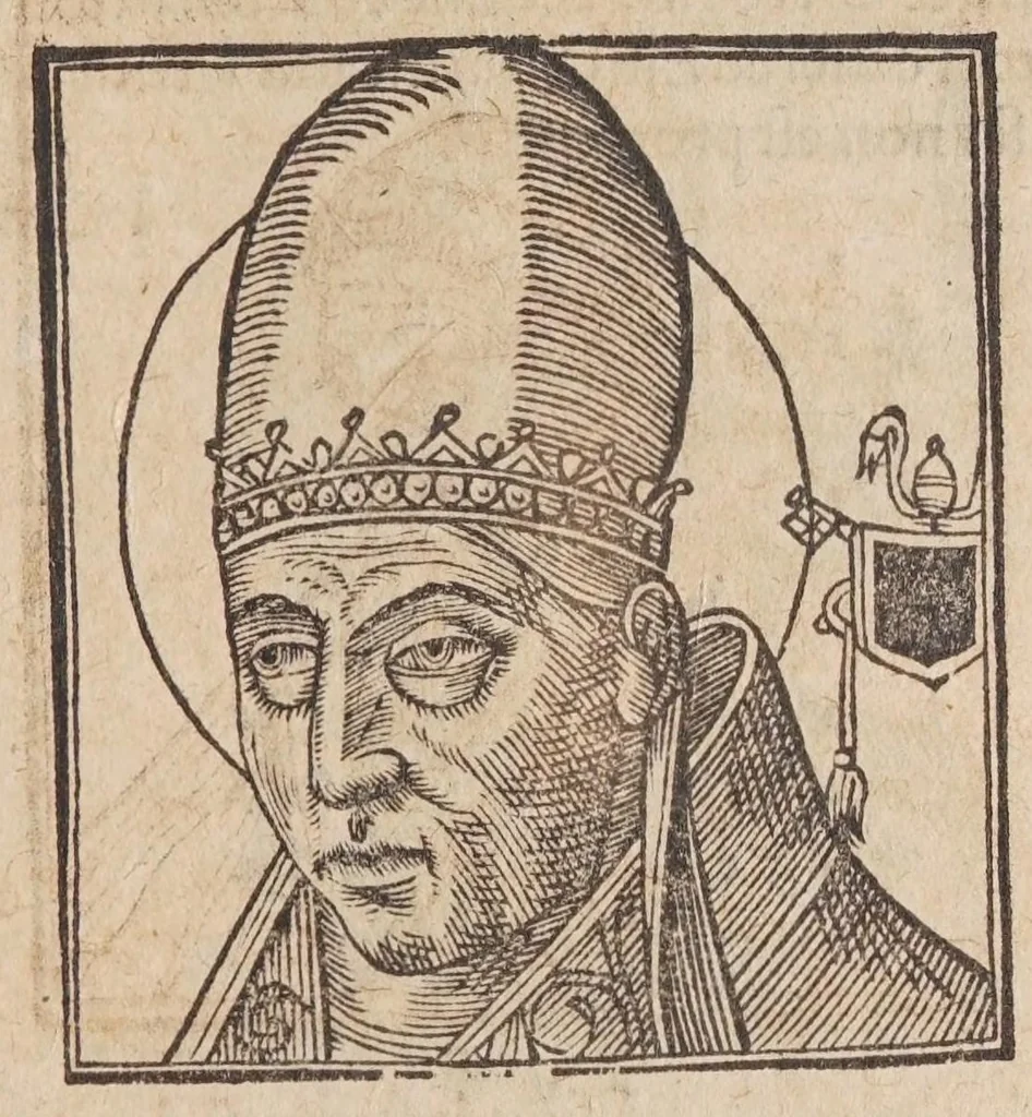 An illustration from Vitae romanorvm pontificvm a D. Petro vsqve ad Clementem VIII : ex Platinae historia in epitomen redactae, ac iuxta Onuphrij Paniunij eremitae augustiniani censionem ordinatae : his praeter alia accesserunt eorundem pontificum imagines ad viuum expressae, labore & industria Ioannis a Glano leodicensis incisae, 1597, leaf 303