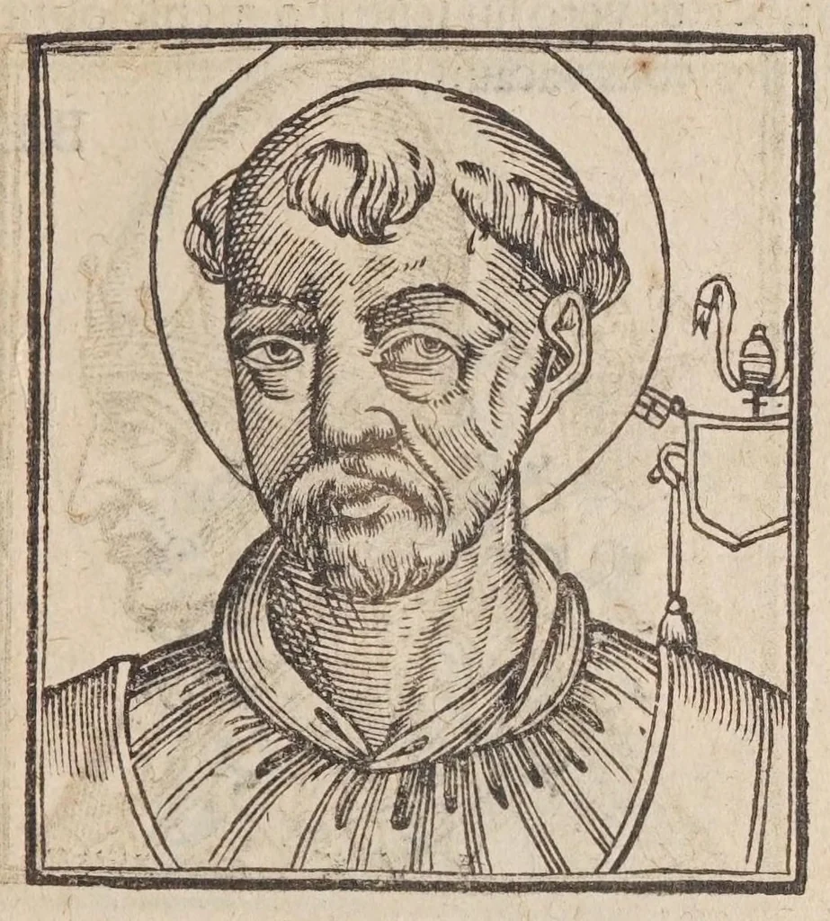 An illustration from Vitae romanorvm pontificvm a D. Petro vsqve ad Clementem VIII : ex Platinae historia in epitomen redactae, ac iuxta Onuphrij Paniunij eremitae augustiniani censionem ordinatae : his praeter alia accesserunt eorundem pontificum imagines ad viuum expressae, labore & industria Ioannis a Glano leodicensis incisae, 1597, leaf 309