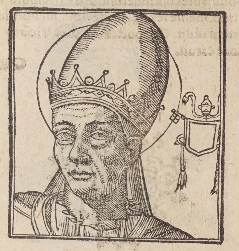An illustration from Vitae romanorvm pontificvm a D. Petro vsqve ad Clementem VIII : ex Platinae historia in epitomen redactae, ac iuxta Onuphrij Paniunij eremitae augustiniani censionem ordinatae : his praeter alia accesserunt eorundem pontificum imagines ad viuum expressae, labore & industria Ioannis a Glano leodicensis incisae, 1597, leaf 316