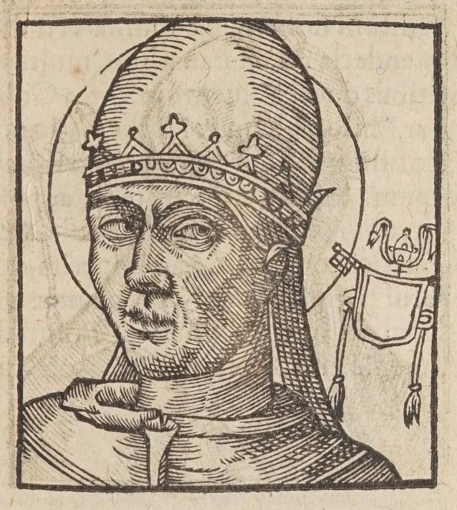 An illustration from Vitae romanorvm pontificvm a D. Petro vsqve ad Clementem VIII : ex Platinae historia in epitomen redactae, ac iuxta Onuphrij Paniunij eremitae augustiniani censionem ordinatae : his praeter alia accesserunt eorundem pontificum imagines ad viuum expressae, labore & industria Ioannis a Glano leodicensis incisae, 1597, leaf 321
