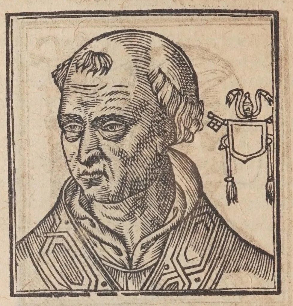 An illustration from Vitae romanorvm pontificvm a D. Petro vsqve ad Clementem VIII : ex Platinae historia in epitomen redactae, ac iuxta Onuphrij Paniunij eremitae augustiniani censionem ordinatae : his praeter alia accesserunt eorundem pontificum imagines ad viuum expressae, labore & industria Ioannis a Glano leodicensis incisae, 1597, leaf 324