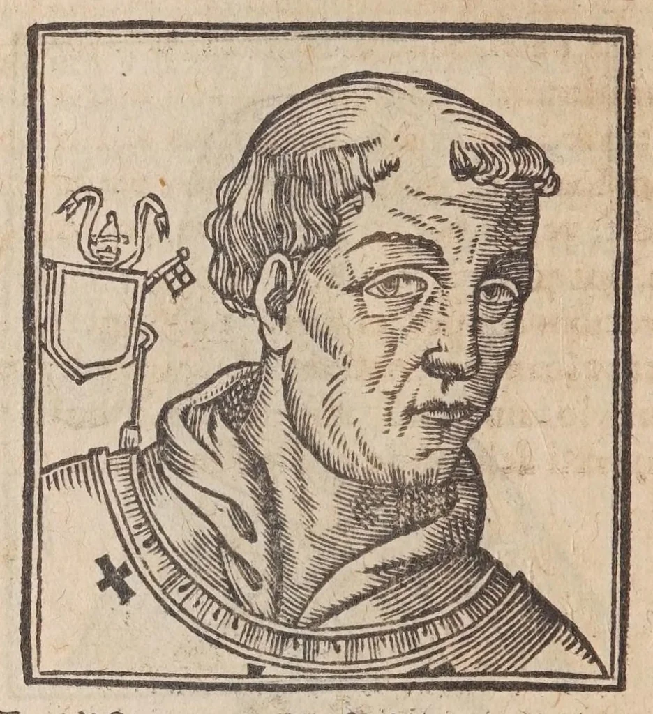 An illustration from Vitae romanorvm pontificvm a D. Petro vsqve ad Clementem VIII : ex Platinae historia in epitomen redactae, ac iuxta Onuphrij Paniunij eremitae augustiniani censionem ordinatae : his praeter alia accesserunt eorundem pontificum imagines ad viuum expressae, labore & industria Ioannis a Glano leodicensis incisae, 1597, leaf 330