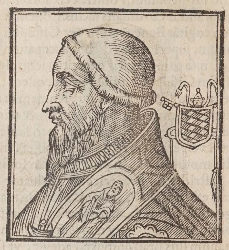 An illustration from Vitae romanorvm pontificvm a D. Petro vsqve ad Clementem VIII : ex Platinae historia in epitomen redactae, ac iuxta Onuphrij Paniunij eremitae augustiniani censionem ordinatae : his praeter alia accesserunt eorundem pontificum imagines ad viuum expressae, labore & industria Ioannis a Glano leodicensis incisae, 1597, leaf 340
