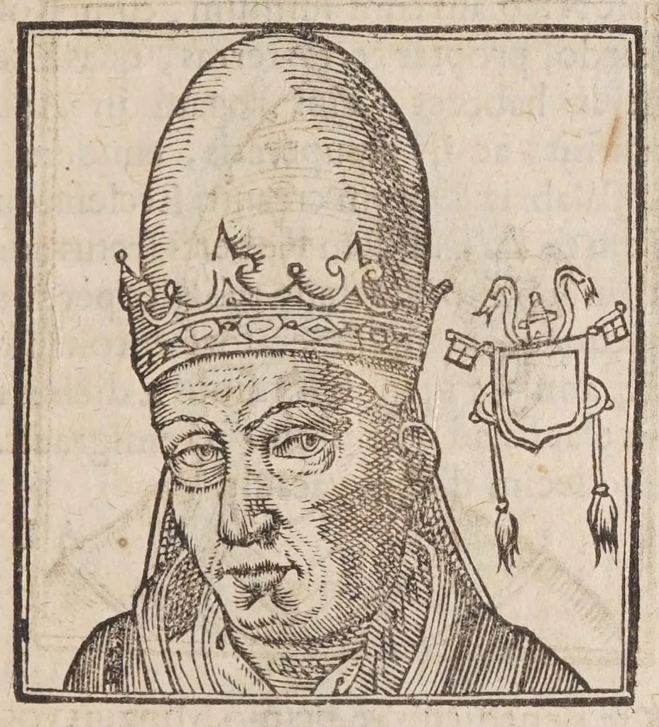 An illustration from Vitae romanorvm pontificvm a D. Petro vsqve ad Clementem VIII : ex Platinae historia in epitomen redactae, ac iuxta Onuphrij Paniunij eremitae augustiniani censionem ordinatae : his praeter alia accesserunt eorundem pontificum imagines ad viuum expressae, labore & industria Ioannis a Glano leodicensis incisae, 1597, leaf 343