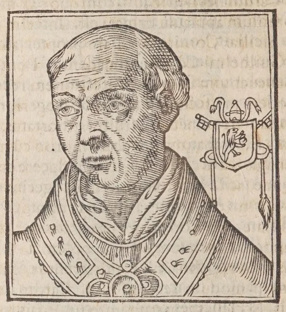 An illustration from Vitae romanorvm pontificvm a D. Petro vsqve ad Clementem VIII : ex Platinae historia in epitomen redactae, ac iuxta Onuphrij Paniunij eremitae augustiniani censionem ordinatae : his praeter alia accesserunt eorundem pontificum imagines ad viuum expressae, labore & industria Ioannis a Glano leodicensis incisae, 1597, leaf 360