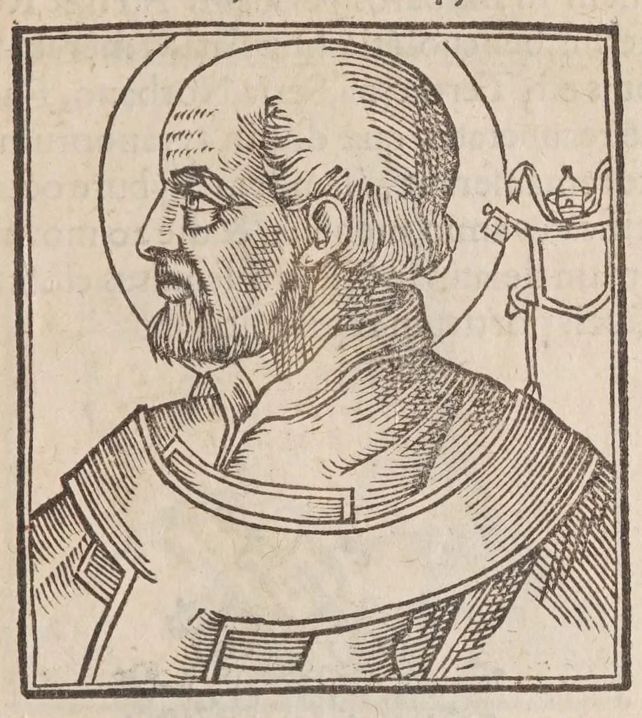 An illustration from Vitae romanorvm pontificvm a D. Petro vsqve ad Clementem VIII : ex Platinae historia in epitomen redactae, ac iuxta Onuphrij Paniunij eremitae augustiniani censionem ordinatae : his praeter alia accesserunt eorundem pontificum imagines ad viuum expressae, labore & industria Ioannis a Glano leodicensis incisae, 1597, leaf 371