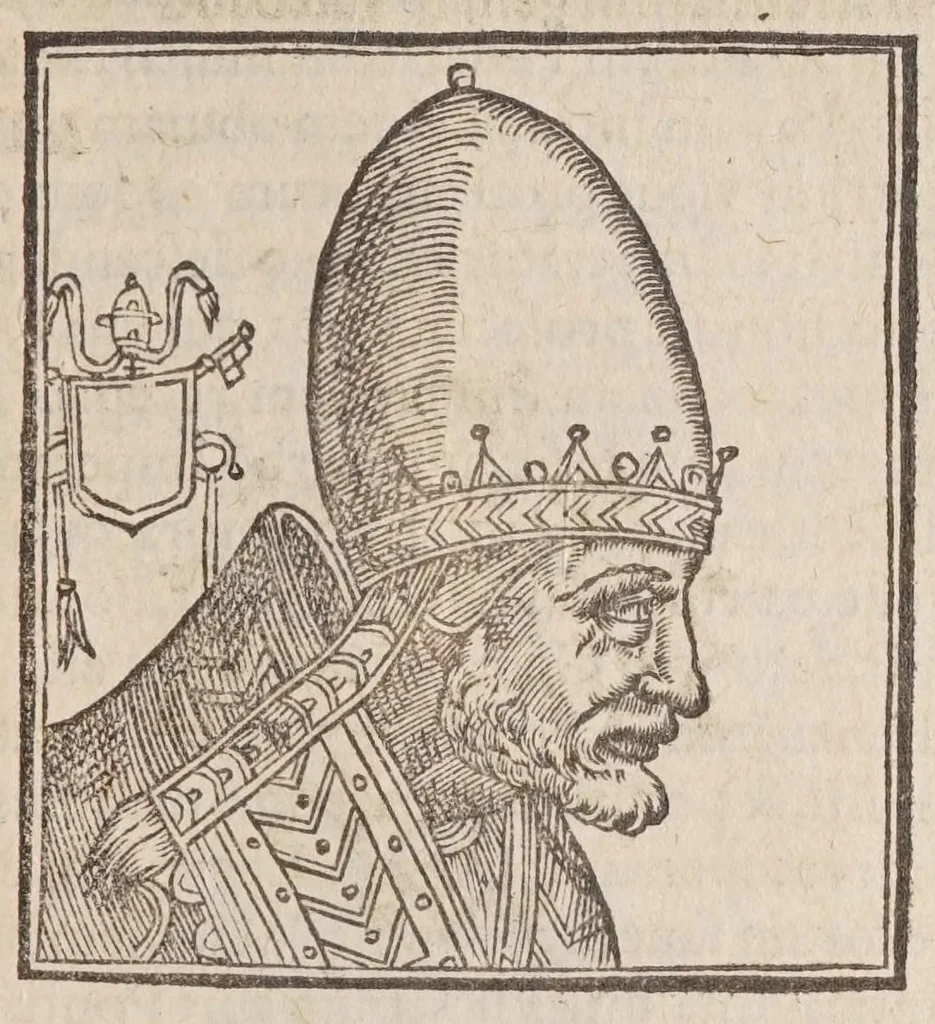 An illustration from Vitae romanorvm pontificvm a D. Petro vsqve ad Clementem VIII : ex Platinae historia in epitomen redactae, ac iuxta Onuphrij Paniunij eremitae augustiniani censionem ordinatae : his praeter alia accesserunt eorundem pontificum imagines ad viuum expressae, labore & industria Ioannis a Glano leodicensis incisae, 1597, leaf 375