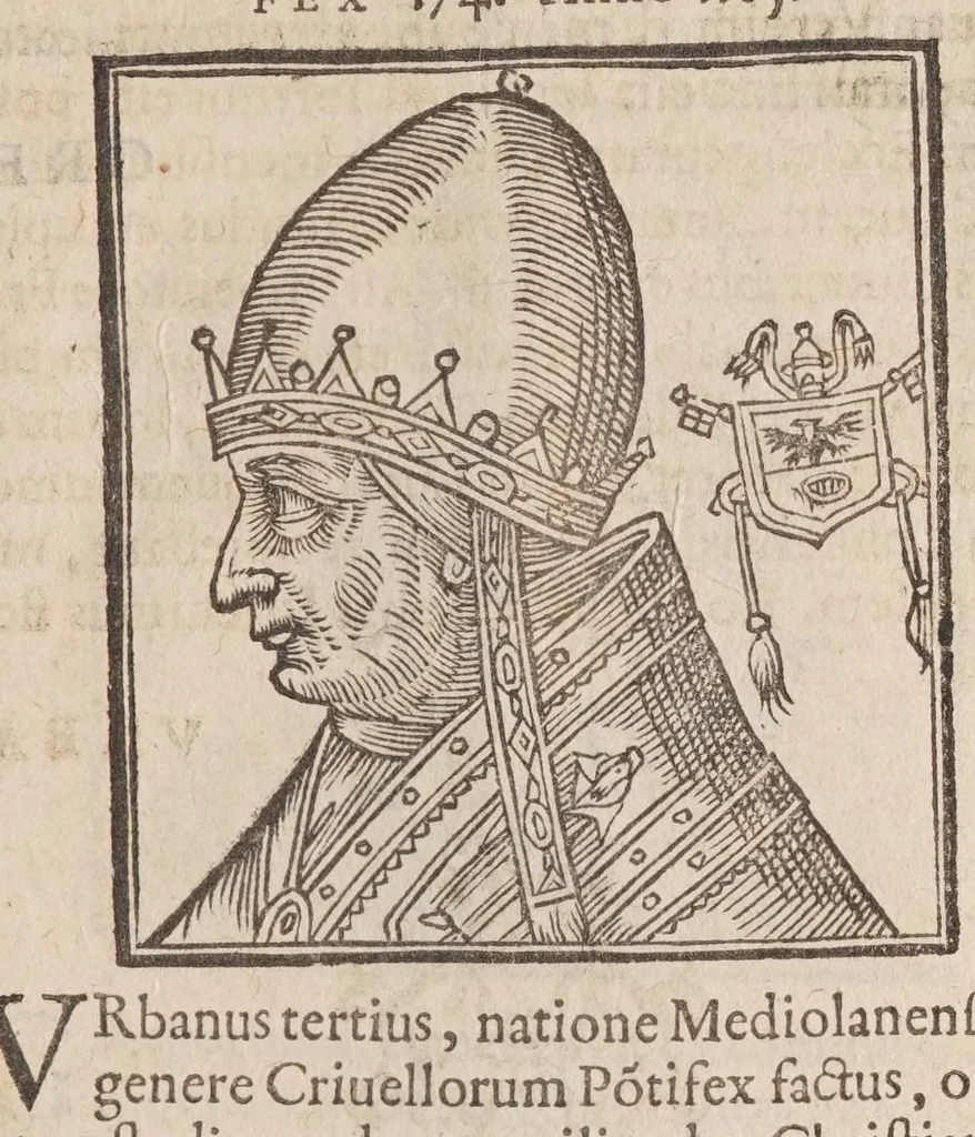 An illustration from Vitae romanorvm pontificvm a D. Petro vsqve ad Clementem VIII : ex Platinae historia in epitomen redactae, ac iuxta Onuphrij Paniunij eremitae augustiniani censionem ordinatae : his praeter alia accesserunt eorundem pontificum imagines ad viuum expressae, labore & industria Ioannis a Glano leodicensis incisae, 1597, leaf 383