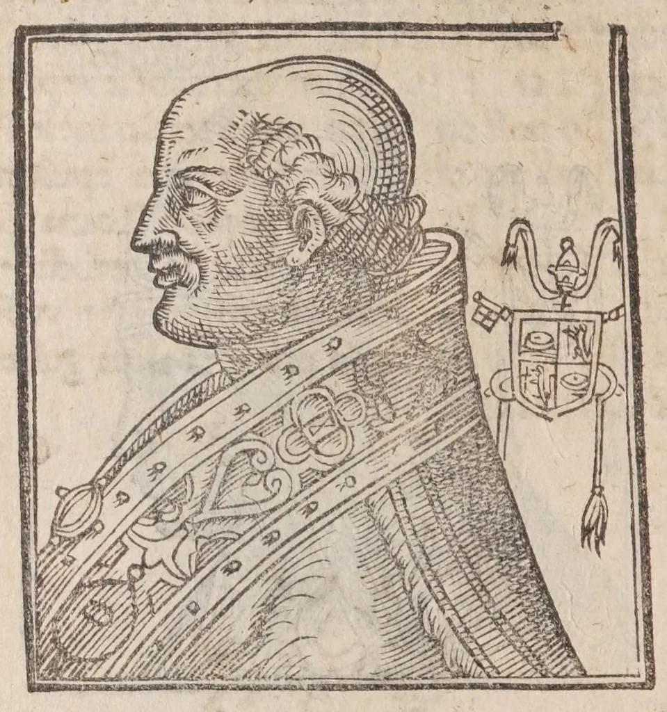 An illustration from Vitae romanorvm pontificvm a D. Petro vsqve ad Clementem VIII : ex Platinae historia in epitomen redactae, ac iuxta Onuphrij Paniunij eremitae augustiniani censionem ordinatae : his praeter alia accesserunt eorundem pontificum imagines ad viuum expressae, labore & industria Ioannis a Glano leodicensis incisae, 1597, leaf 386