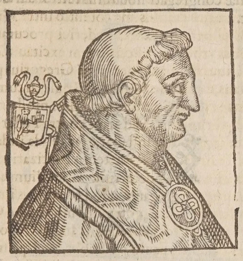 An illustration from Vitae romanorvm pontificvm a D. Petro vsqve ad Clementem VIII : ex Platinae historia in epitomen redactae, ac iuxta Onuphrij Paniunij eremitae augustiniani censionem ordinatae : his praeter alia accesserunt eorundem pontificum imagines ad viuum expressae, labore & industria Ioannis a Glano leodicensis incisae, 1597, leaf 397