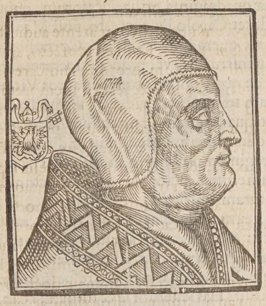 An illustration from Vitae romanorvm pontificvm a D. Petro vsqve ad Clementem VIII : ex Platinae historia in epitomen redactae, ac iuxta Onuphrij Paniunij eremitae augustiniani censionem ordinatae : his praeter alia accesserunt eorundem pontificum imagines ad viuum expressae, labore & industria Ioannis a Glano leodicensis incisae, 1597, leaf 409