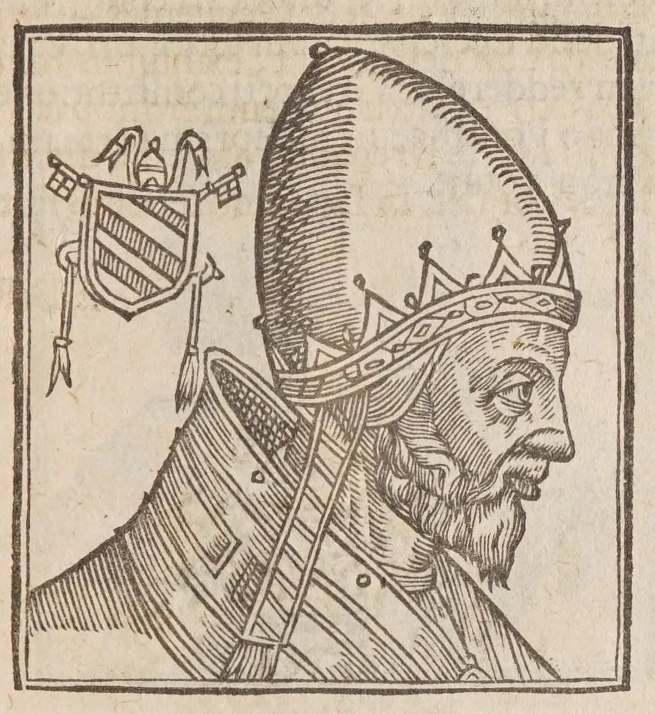 An illustration from Vitae romanorvm pontificvm a D. Petro vsqve ad Clementem VIII : ex Platinae historia in epitomen redactae, ac iuxta Onuphrij Paniunij eremitae augustiniani censionem ordinatae : his praeter alia accesserunt eorundem pontificum imagines ad viuum expressae, labore & industria Ioannis a Glano leodicensis incisae, 1597, leaf 415