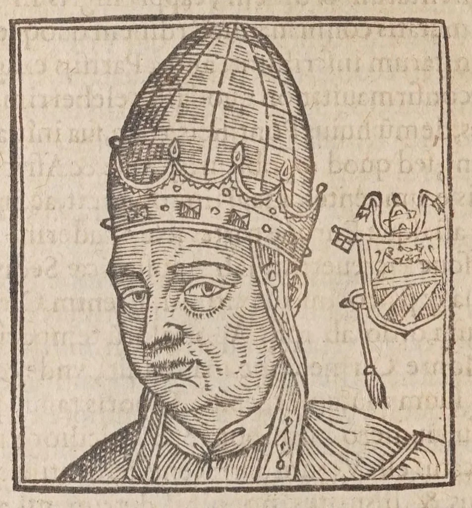 An illustration from Vitae romanorvm pontificvm a D. Petro vsqve ad Clementem VIII : ex Platinae historia in epitomen redactae, ac iuxta Onuphrij Paniunij eremitae augustiniani censionem ordinatae : his praeter alia accesserunt eorundem pontificum imagines ad viuum expressae, labore & industria Ioannis a Glano leodicensis incisae, 1597, leaf 424
