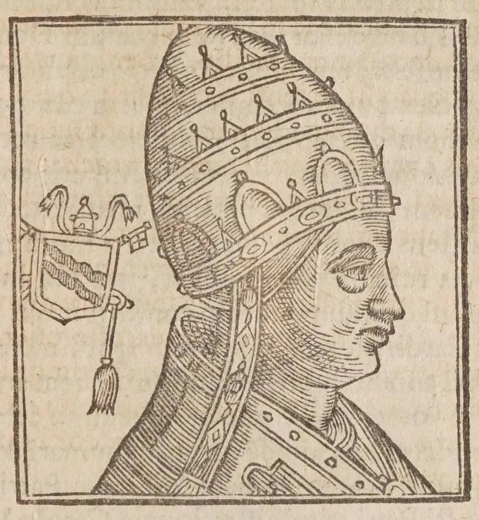 An illustration from Vitae romanorvm pontificvm a D. Petro vsqve ad Clementem VIII : ex Platinae historia in epitomen redactae, ac iuxta Onuphrij Paniunij eremitae augustiniani censionem ordinatae : his praeter alia accesserunt eorundem pontificum imagines ad viuum expressae, labore & industria Ioannis a Glano leodicensis incisae, 1597, leaf 431