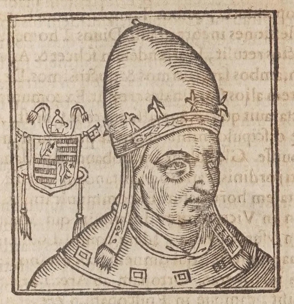 An illustration from Vitae romanorvm pontificvm a D. Petro vsqve ad Clementem VIII : ex Platinae historia in epitomen redactae, ac iuxta Onuphrij Paniunij eremitae augustiniani censionem ordinatae : his praeter alia accesserunt eorundem pontificum imagines ad viuum expressae, labore & industria Ioannis a Glano leodicensis incisae, 1597, leaf 438