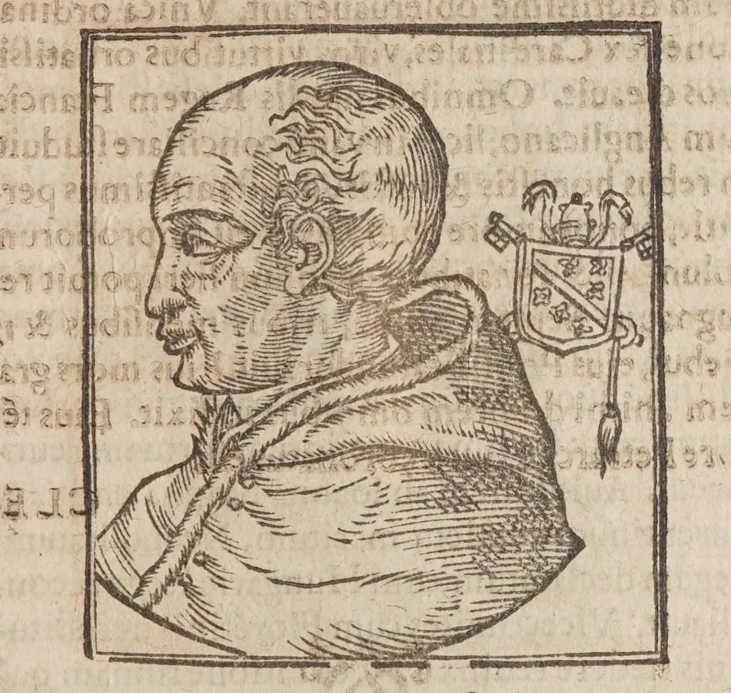 An illustration from Vitae romanorvm pontificvm a D. Petro vsqve ad Clementem VIII : ex Platinae historia in epitomen redactae, ac iuxta Onuphrij Paniunij eremitae augustiniani censionem ordinatae : his praeter alia accesserunt eorundem pontificum imagines ad viuum expressae, labore & industria Ioannis a Glano leodicensis incisae, 1597, leaf 443