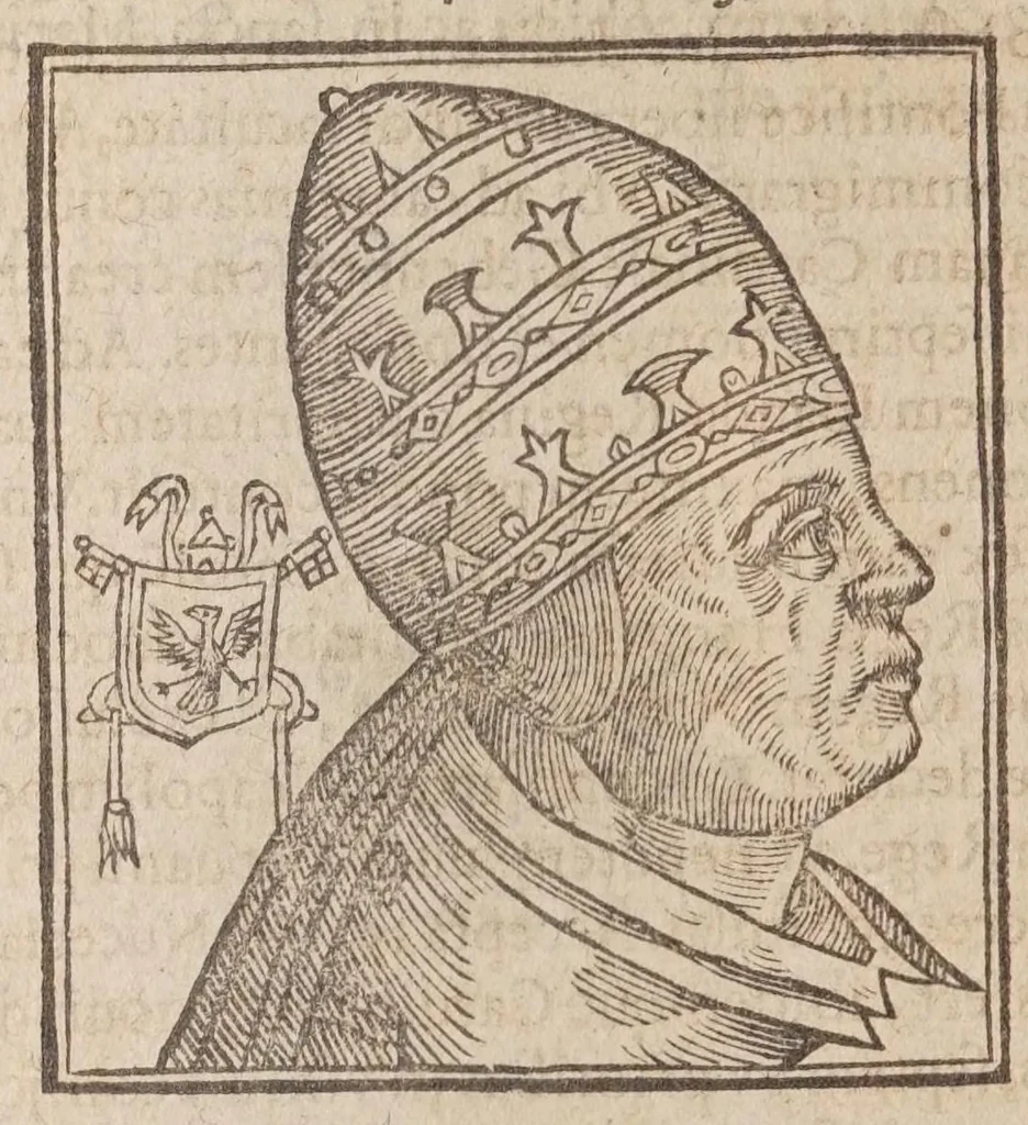 An illustration from Vitae romanorvm pontificvm a D. Petro vsqve ad Clementem VIII : ex Platinae historia in epitomen redactae, ac iuxta Onuphrij Paniunij eremitae augustiniani censionem ordinatae : his praeter alia accesserunt eorundem pontificum imagines ad viuum expressae, labore & industria Ioannis a Glano leodicensis incisae, 1597, leaf 452