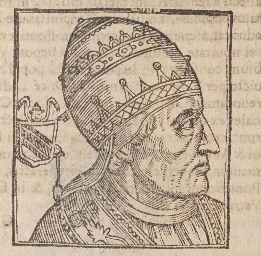 An illustration from Vitae romanorvm pontificvm a D. Petro vsqve ad Clementem VIII : ex Platinae historia in epitomen redactae, ac iuxta Onuphrij Paniunij eremitae augustiniani censionem ordinatae : his praeter alia accesserunt eorundem pontificum imagines ad viuum expressae, labore & industria Ioannis a Glano leodicensis incisae, 1597, leaf 458