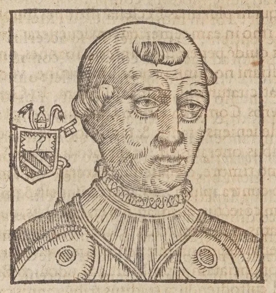 An illustration from Vitae romanorvm pontificvm a D. Petro vsqve ad Clementem VIII : ex Platinae historia in epitomen redactae, ac iuxta Onuphrij Paniunij eremitae augustiniani censionem ordinatae : his praeter alia accesserunt eorundem pontificum imagines ad viuum expressae, labore & industria Ioannis a Glano leodicensis incisae, 1597, leaf 464