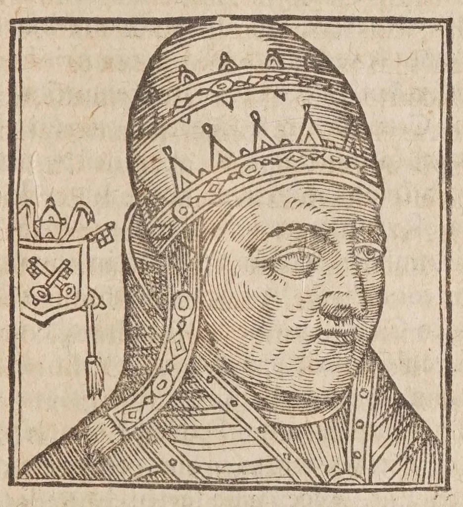 An illustration from Vitae romanorvm pontificvm a D. Petro vsqve ad Clementem VIII : ex Platinae historia in epitomen redactae, ac iuxta Onuphrij Paniunij eremitae augustiniani censionem ordinatae : his praeter alia accesserunt eorundem pontificum imagines ad viuum expressae, labore & industria Ioannis a Glano leodicensis incisae, 1597, leaf 473