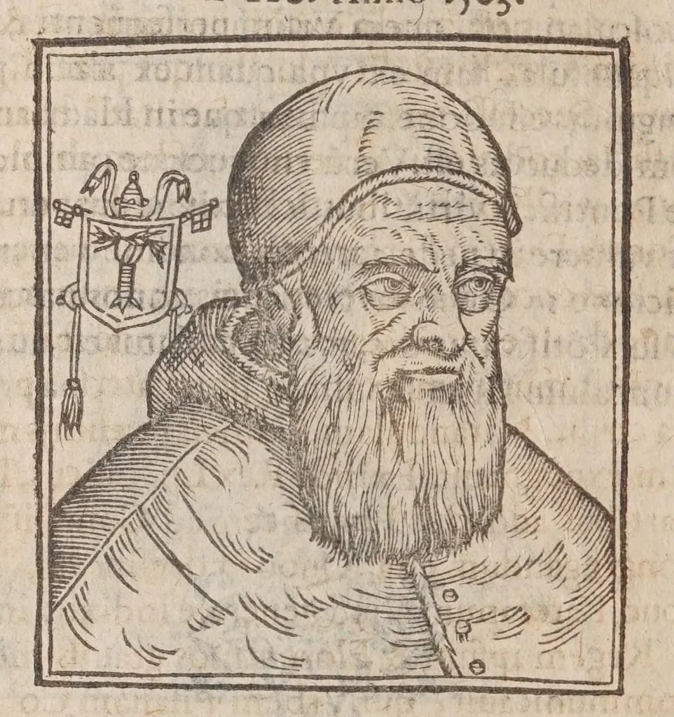 An illustration from Vitae romanorvm pontificvm a D. Petro vsqve ad Clementem VIII : ex Platinae historia in epitomen redactae, ac iuxta Onuphrij Paniunij eremitae augustiniani censionem ordinatae : his praeter alia accesserunt eorundem pontificum imagines ad viuum expressae, labore & industria Ioannis a Glano leodicensis incisae, 1597, leaf 496