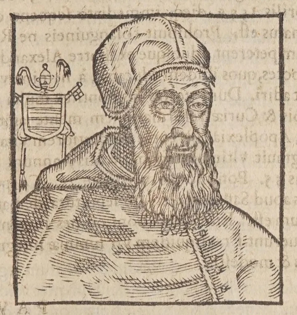 An illustration from Vitae romanorvm pontificvm a D. Petro vsqve ad Clementem VIII : ex Platinae historia in epitomen redactae, ac iuxta Onuphrij Paniunij eremitae augustiniani censionem ordinatae : his praeter alia accesserunt eorundem pontificum imagines ad viuum expressae, labore & industria Ioannis a Glano leodicensis incisae, 1597, leaf 523