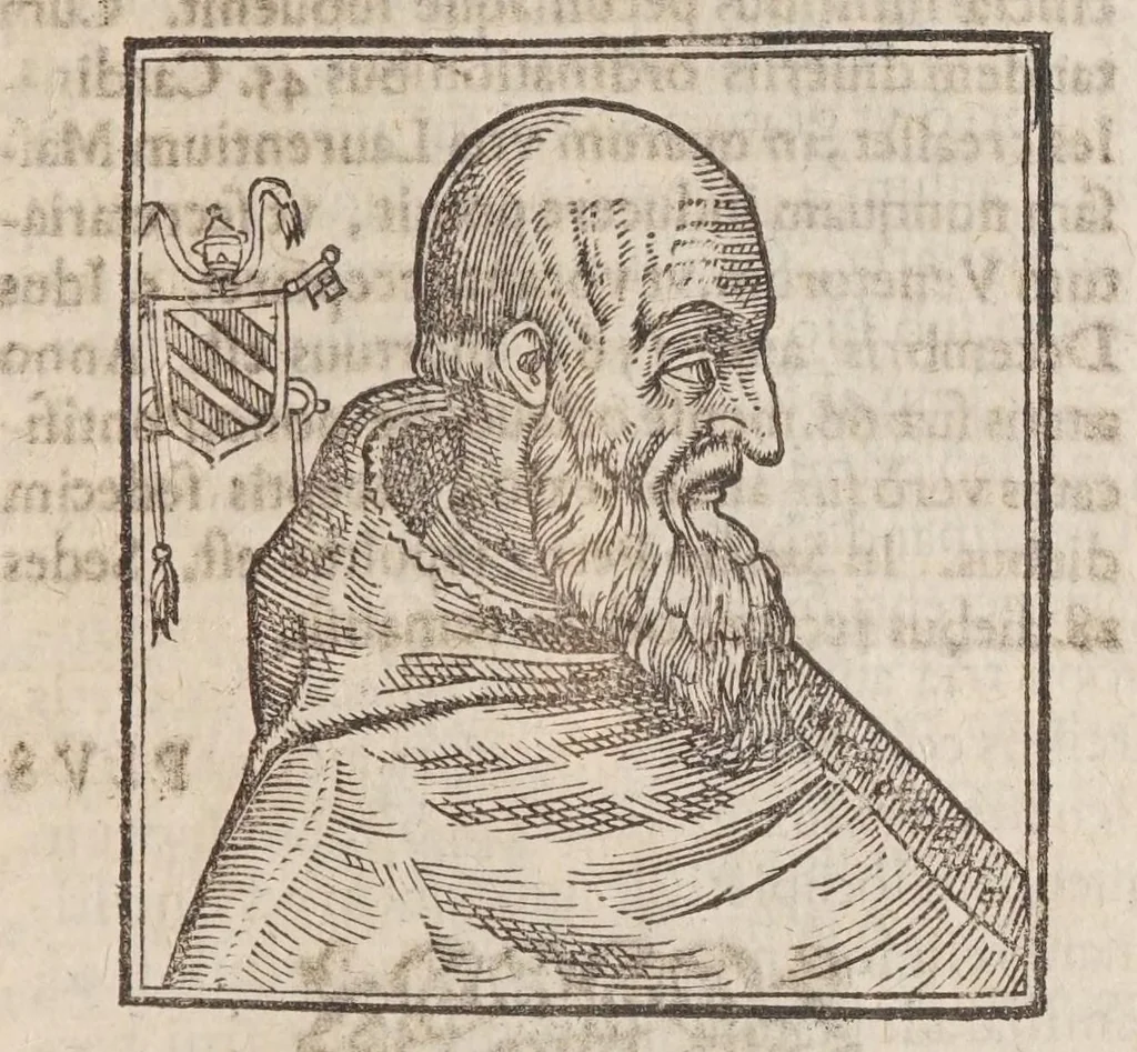 An illustration from Vitae romanorvm pontificvm a D. Petro vsqve ad Clementem VIII : ex Platinae historia in epitomen redactae, ac iuxta Onuphrij Paniunij eremitae augustiniani censionem ordinatae : his praeter alia accesserunt eorundem pontificum imagines ad viuum expressae, labore & industria Ioannis a Glano leodicensis incisae, 1597, leaf 531