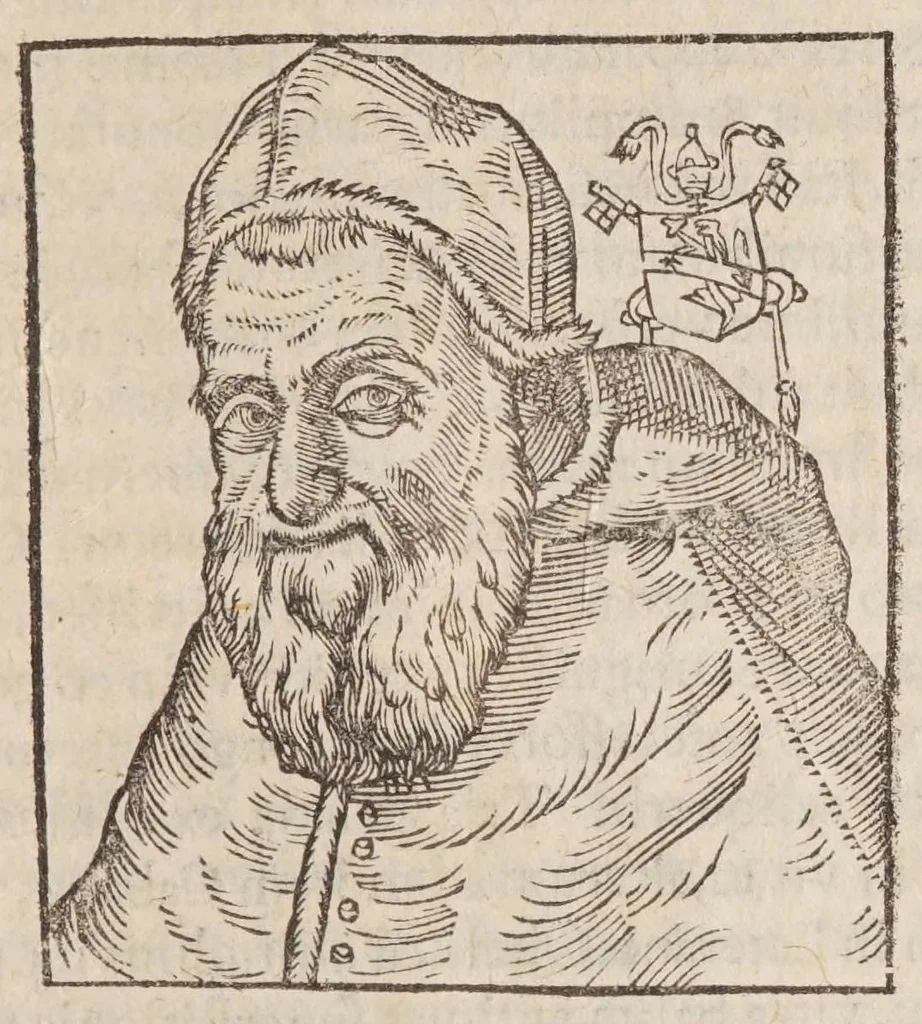 An illustration from Vitae romanorvm pontificvm a D. Petro vsqve ad Clementem VIII : ex Platinae historia in epitomen redactae, ac iuxta Onuphrij Paniunij eremitae augustiniani censionem ordinatae : his praeter alia accesserunt eorundem pontificum imagines ad viuum expressae, labore & industria Ioannis a Glano leodicensis incisae, 1597, leaf 539