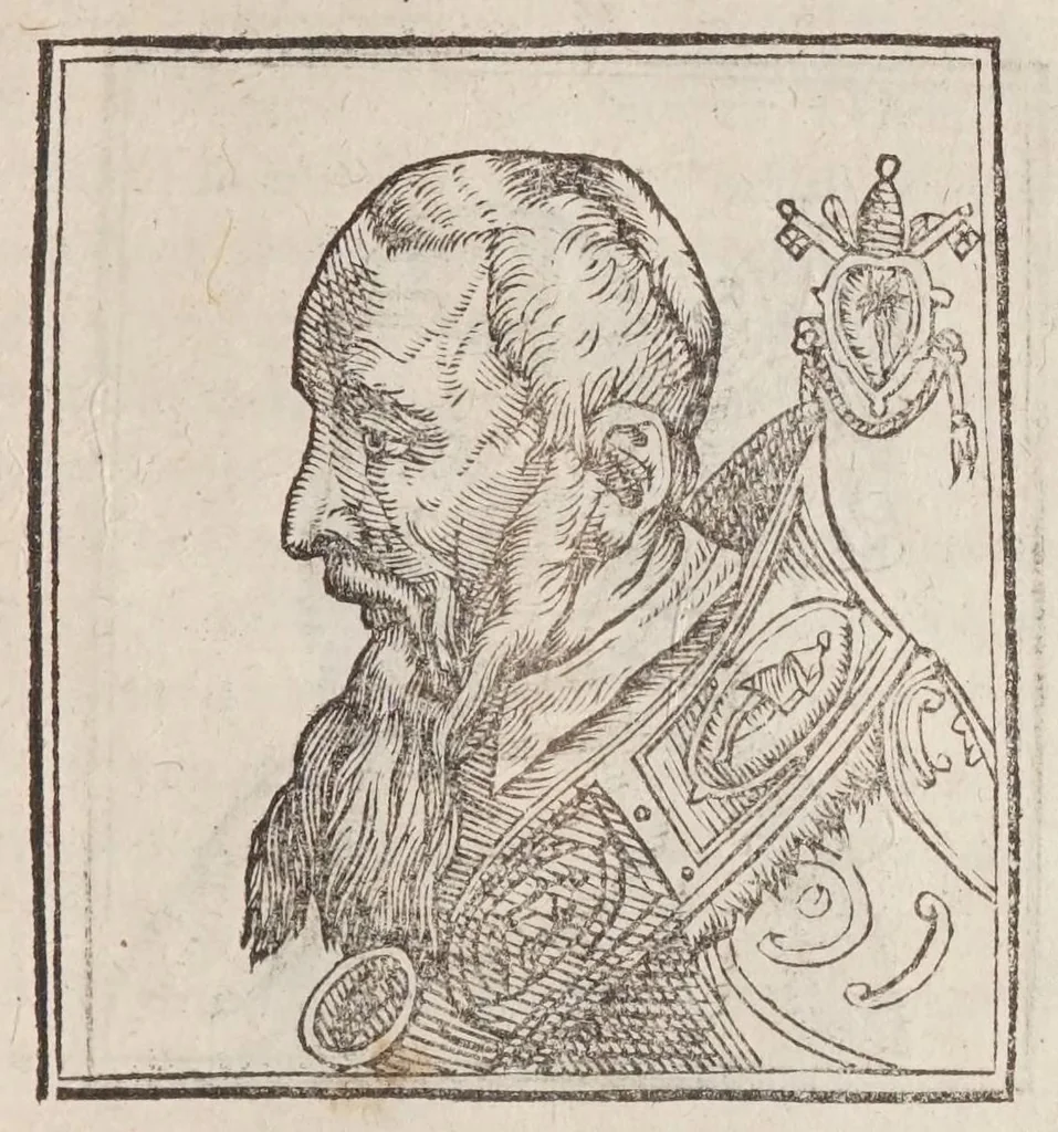 An illustration from Vitae romanorvm pontificvm a D. Petro vsqve ad Clementem VIII : ex Platinae historia in epitomen redactae, ac iuxta Onuphrij Paniunij eremitae augustiniani censionem ordinatae : his praeter alia accesserunt eorundem pontificum imagines ad viuum expressae, labore & industria Ioannis a Glano leodicensis incisae, 1597, leaf 547
