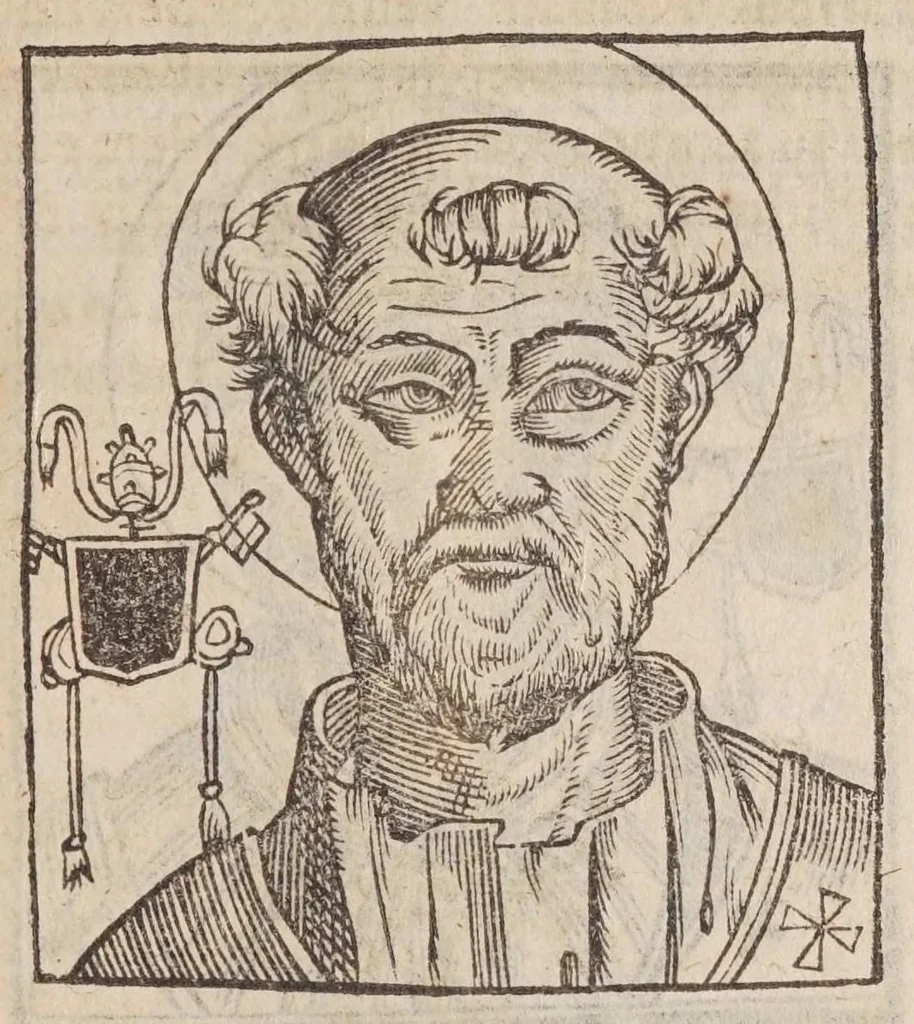 An illustration from Vitae romanorvm pontificvm a D. Petro vsqve ad Clementem VIII : ex Platinae historia in epitomen redactae, ac iuxta Onuphrij Paniunij eremitae augustiniani censionem ordinatae : his praeter alia accesserunt eorundem pontificum imagines ad viuum expressae, labore & industria Ioannis a Glano leodicensis incisae, 1597, leaf 59