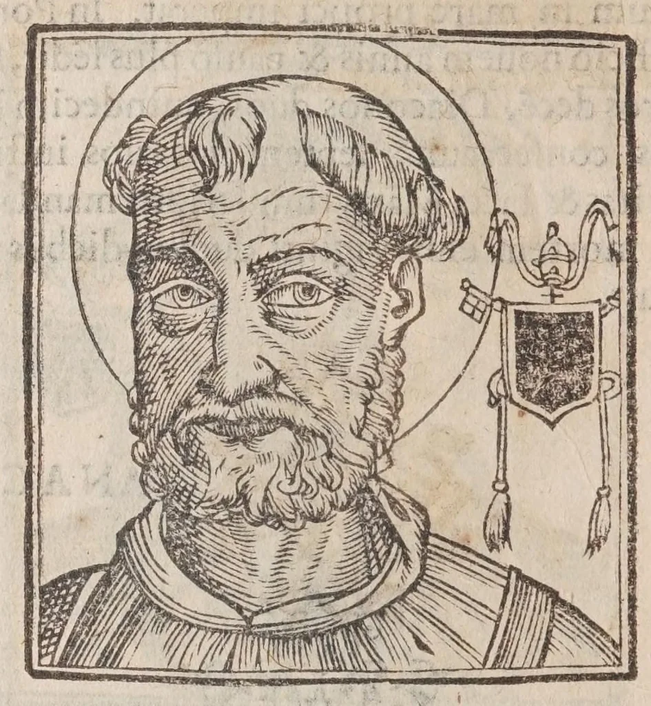An illustration from Vitae romanorvm pontificvm a D. Petro vsqve ad Clementem VIII : ex Platinae historia in epitomen redactae, ac iuxta Onuphrij Paniunij eremitae augustiniani censionem ordinatae : his praeter alia accesserunt eorundem pontificum imagines ad viuum expressae, labore & industria Ioannis a Glano leodicensis incisae, 1597, leaf 62