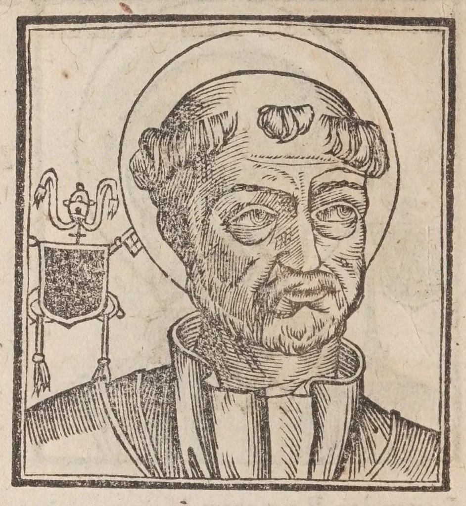 An illustration from Vitae romanorvm pontificvm a D. Petro vsqve ad Clementem VIII : ex Platinae historia in epitomen redactae, ac iuxta Onuphrij Paniunij eremitae augustiniani censionem ordinatae : his praeter alia accesserunt eorundem pontificum imagines ad viuum expressae, labore & industria Ioannis a Glano leodicensis incisae, 1597, leaf 66